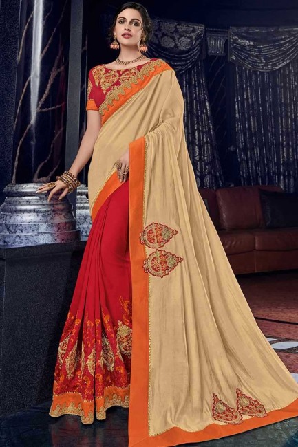 beige and red silk fabrics saree