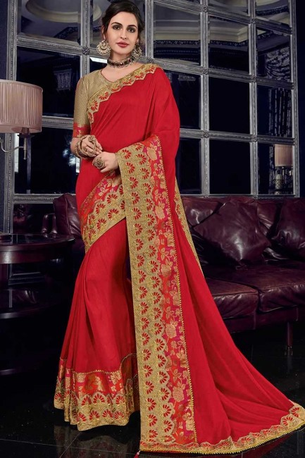Delicate red silk fabrics saree