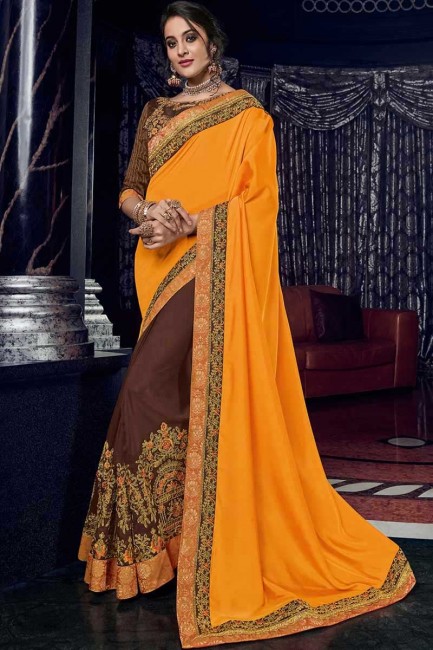 orange and brown two tone silk fabrics and silk fabrics saree