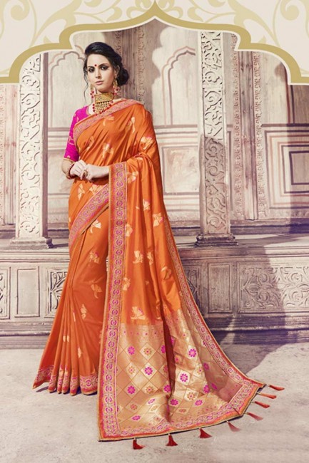 Pretty Orange Heavy Banarasi Silk saree