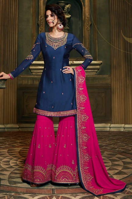 Contemporary Navy Blue Satin Georgette Palazzo Suit