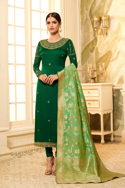 Designer Green Satin Georgette Churidar Suit