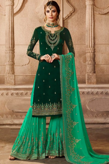 Indian Ethnic Dark Green Satin Georgette Palazzo Suit