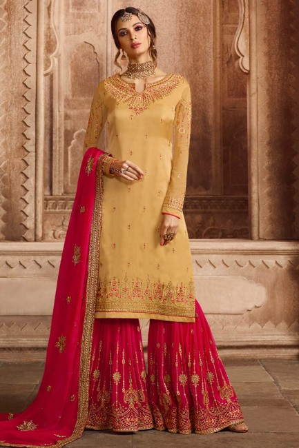 Off Yellow Satin Georgette Palazzo Suit