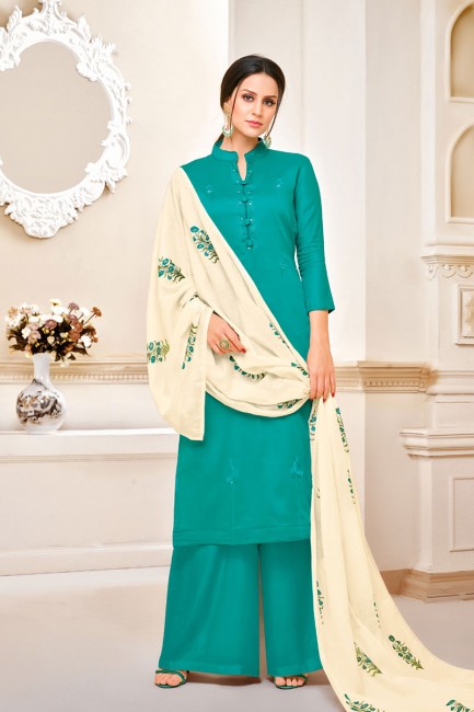 Aqua Green Pure Cotton Jaam Silk Palazzo Suit