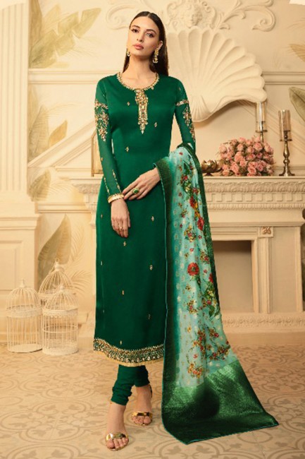 Traditional Green Satin Georgette Palazzo Suit