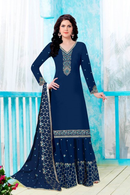Dazzling Navy Blue Satin Georgette Palazzo Suit