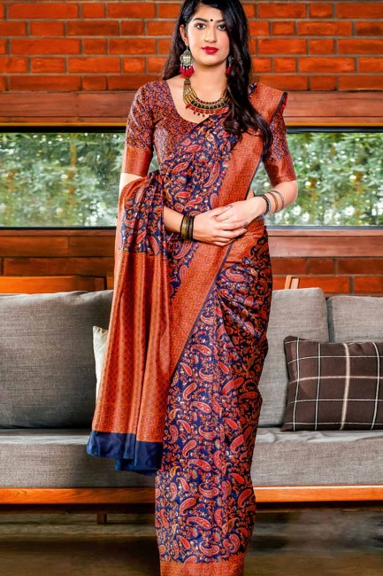 Blue & Red Banarasi Silk saree