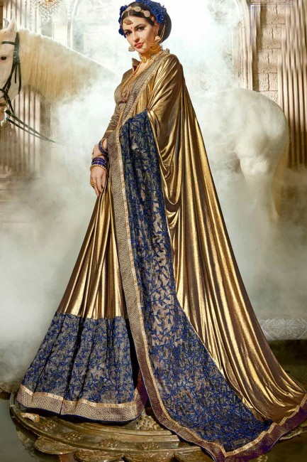 Golden & Blue synthatic silk saree