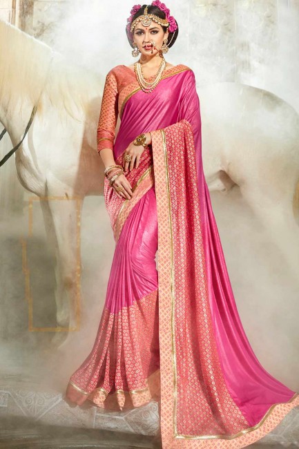 Rose Pink synthatic silk saree