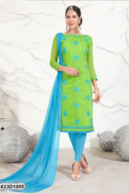 Modish Green color Chanderi Churidar Suit