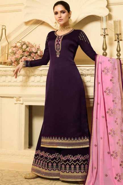 Purple Satin georgette Palazzo Suits