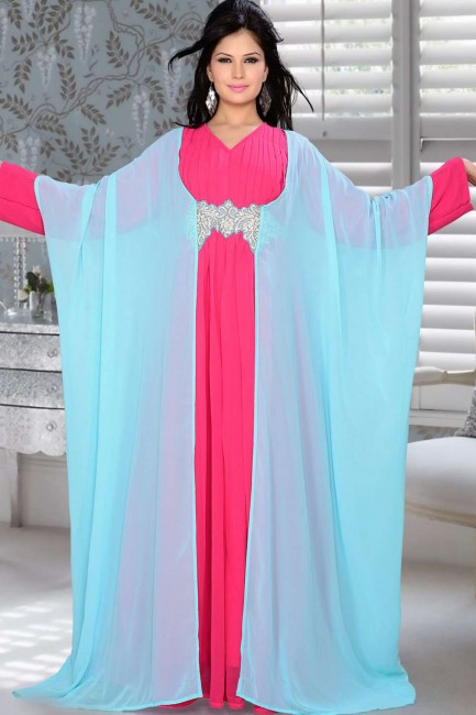 Sky blue & fuchsia pink  Georgette Abaya Kaftan