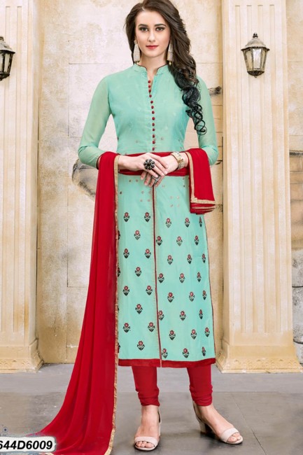Fashionable Turquoise color Chanderi Churidar Suit