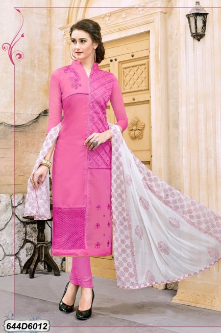 Splendid Pink color Chanderi Cotton Churidar Suit