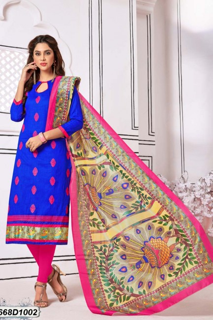 Pretty Royal Blue color Khadi Cotton Churidar Suit