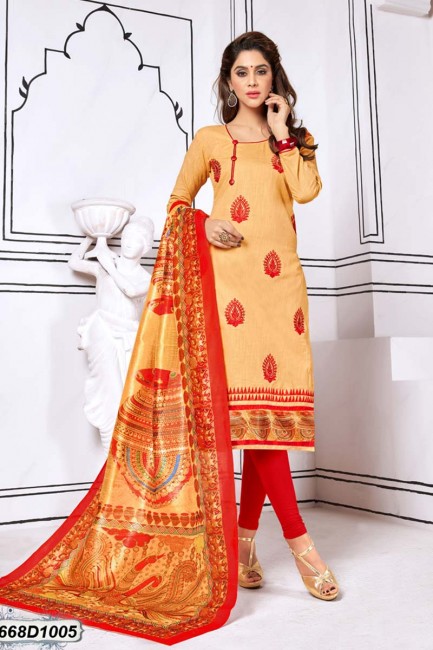 Designer Beige color Khadi Cotton Churidar Suit