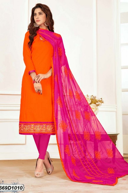 Exquisite Orange color Khadi Cotton Churidar Suit