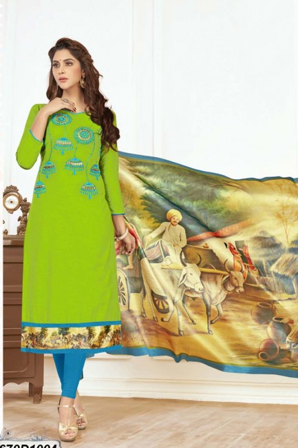 Traditional Green color Khadi Cotton Churidar Suit