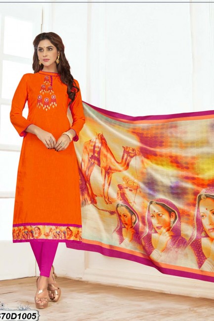 Fascinating Orange color Khadi Cotton Churidar Suit
