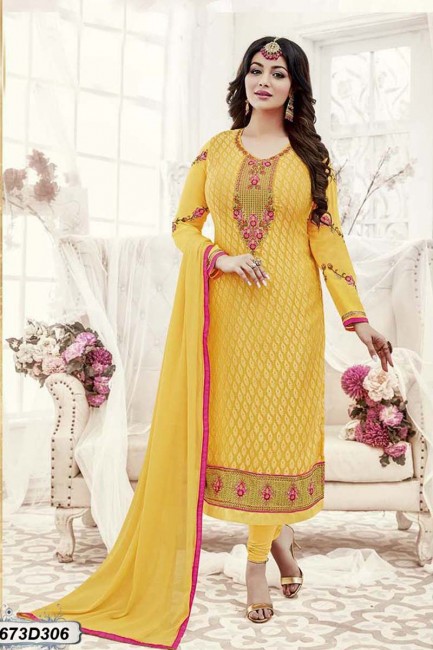 Yellow color Georgette Brasso Churidar Suit