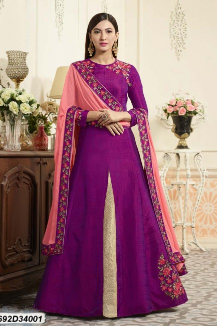 Purple color Raw Silk Anarkali Suit