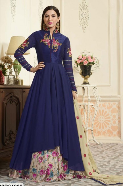 Navy Blue color Georgette, Dhupion Anarkali Suit