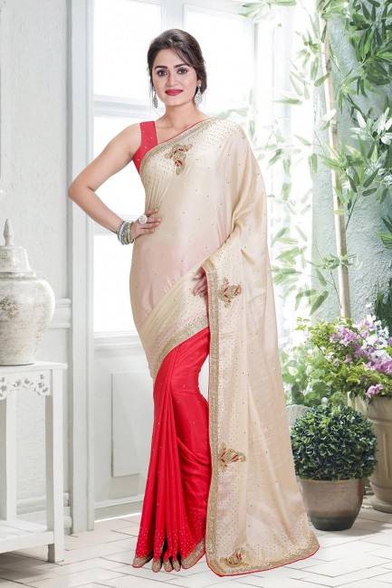 Beige red Silk and shimmer  saree