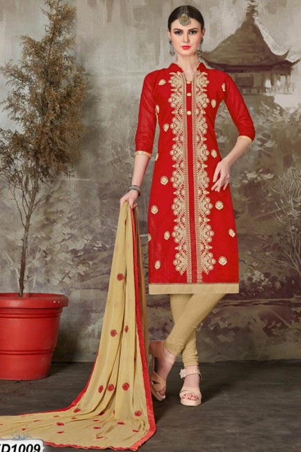 Traditional Red color Chanderi Silk Churidar Suit