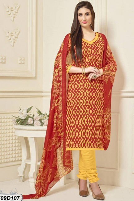Red, Yellow color Poly Cotton Churidar Suit
