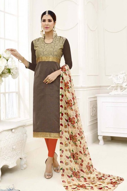 Glorious Brown color Chanderi Cotton Churidar Suit