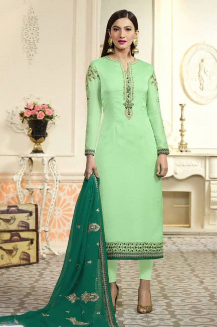 Green color Satin Salwar Kameez