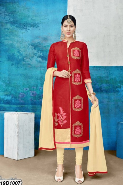 New Red color Chanderi Silk Churidar Suit