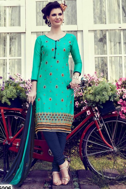 Dashing Turquoise color Cotton Satin Churidar Suit