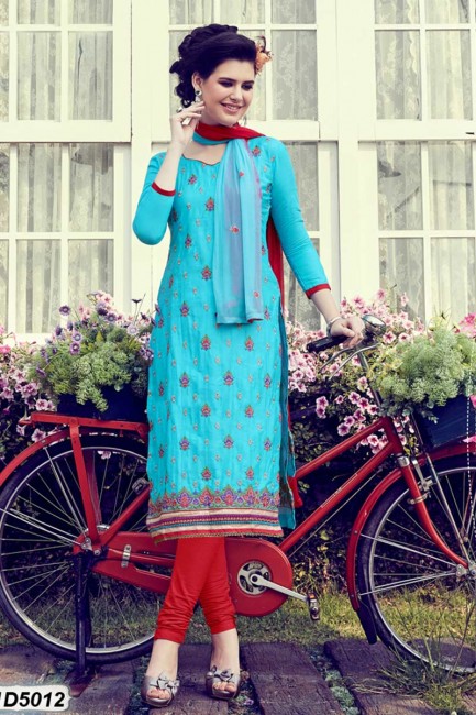 Designer Blue color Cotton Satin Churidar Suit