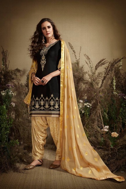Black Cotton and silk Patiala Suits