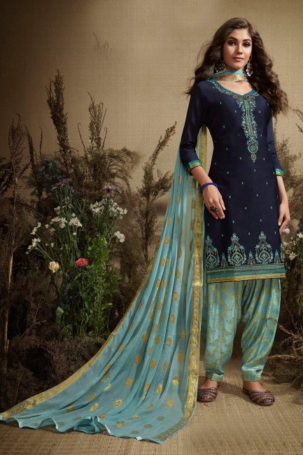 Navy blue Cotton and silk Patiala Suits