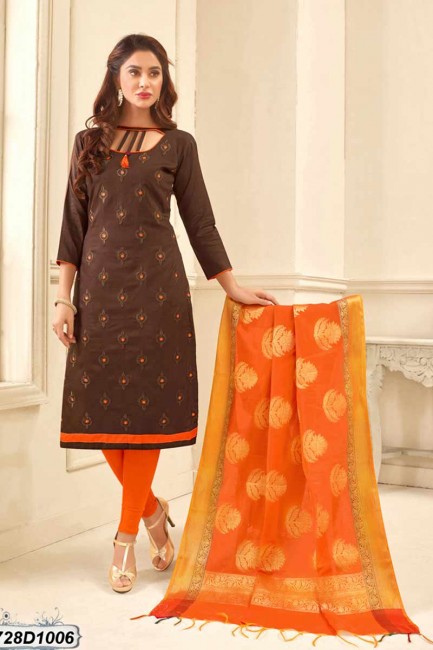 Traditional Brown color Cotton Satin Churidar Suit