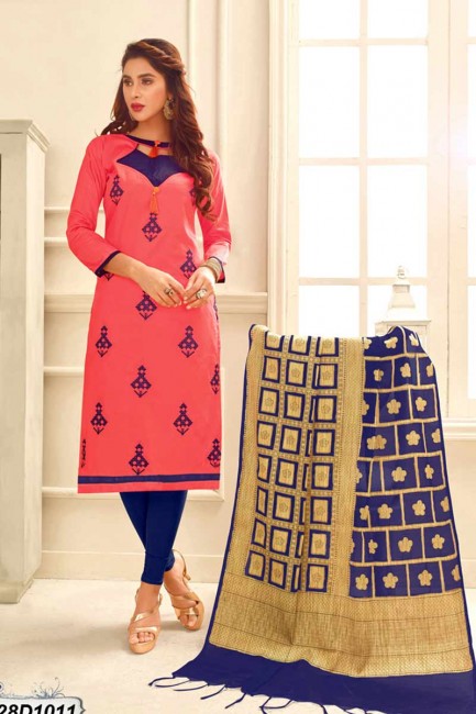 Red (Carrot Red) color Cotton Satin Churidar Suit