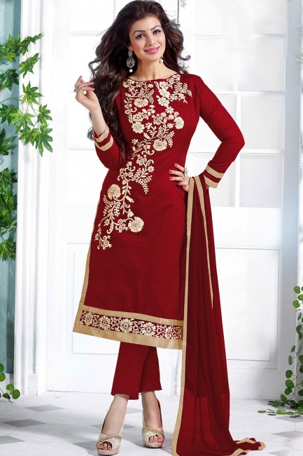 Maroon Chanderi and cotton Straight Pant Suit