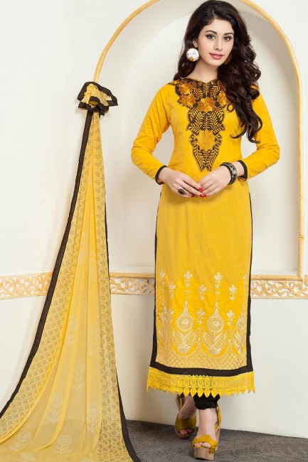 Yellow Chanderi and cotton Straight Suit