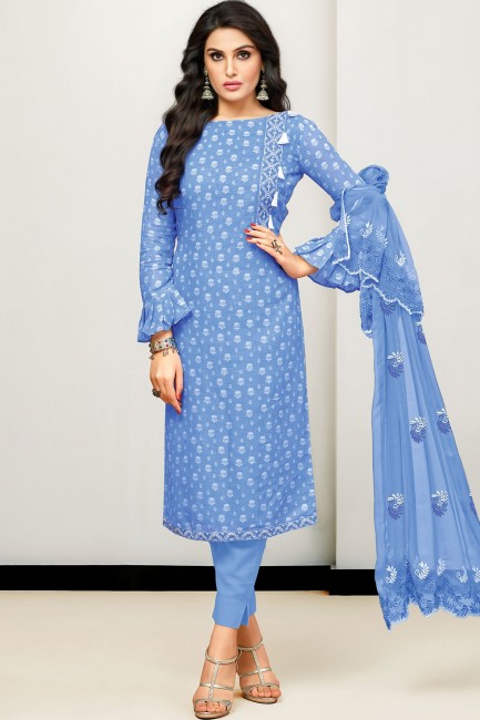 Blue Cotton and satin Straight Pant Suit