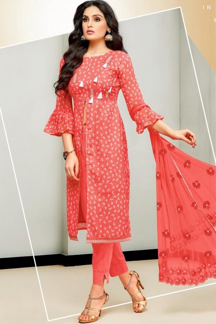 Red Cotton and satin Straight Pant Suit