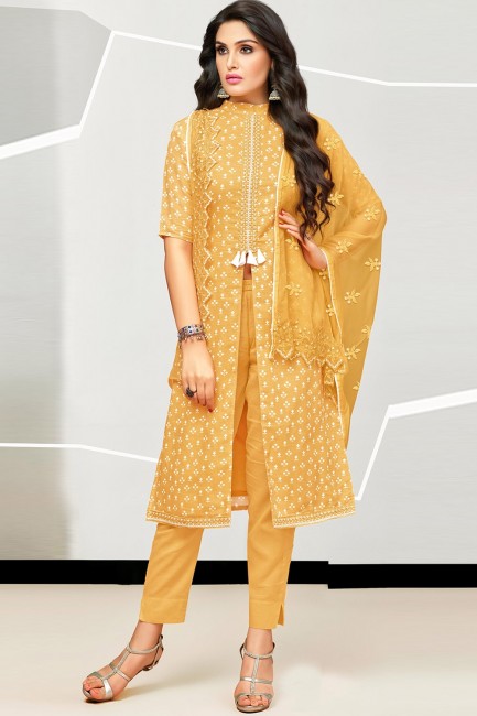 Mustard  Cotton and satin Straight Pant Suit