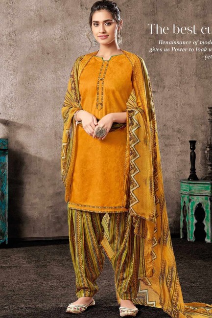 Yellow Cotton and jacquard Patiala Suits