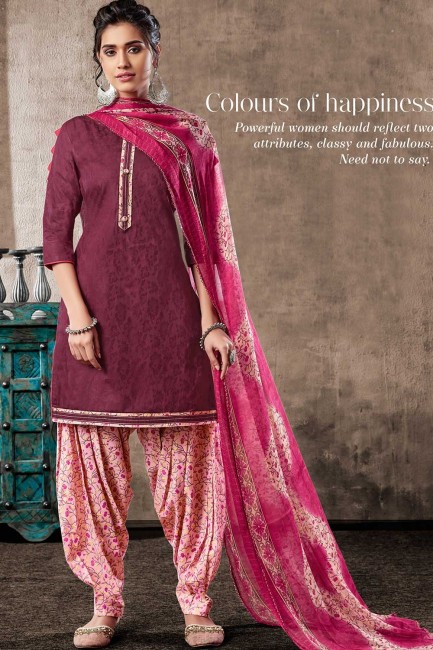 Violet Cotton and jacquard Patiala Suits