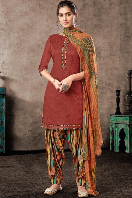 Light maroon Cotton and jacquard Patiala Suits