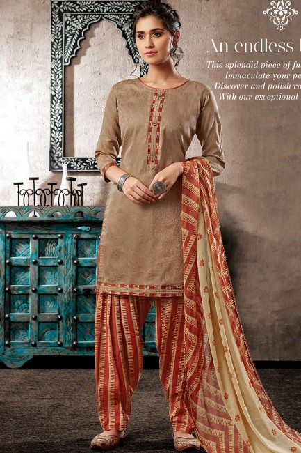 Beige Cotton and jacquard Patiala Suits