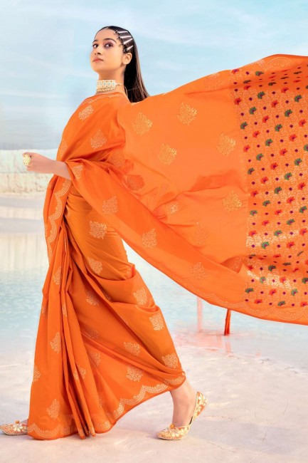 Banarasi silk Orange Weaving Banarasi Saree with Blouse