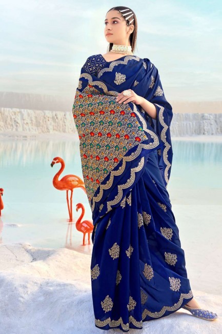 Banarasi silk Weaving Navy blue Banarasi Saree with Blouse